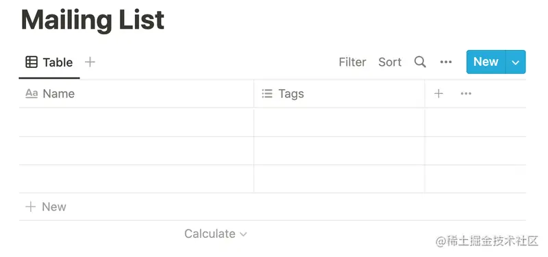 An empty table database in Notion titled "Mailing List"