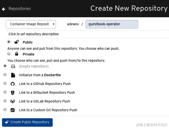 图 8.5 - Quay 中的“创建新存储库”页面
