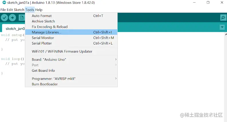 Screenshot of opening the library manager using the menus on the Arduino IDE
