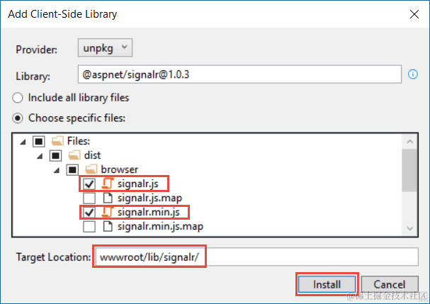 “添加客户端库”对话框 - 选择文件和目标