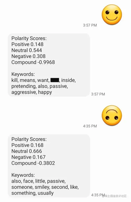 SMS conversation with one participant sending an emojis and the other responding with polarity scores and keywords calculated from the emoji.