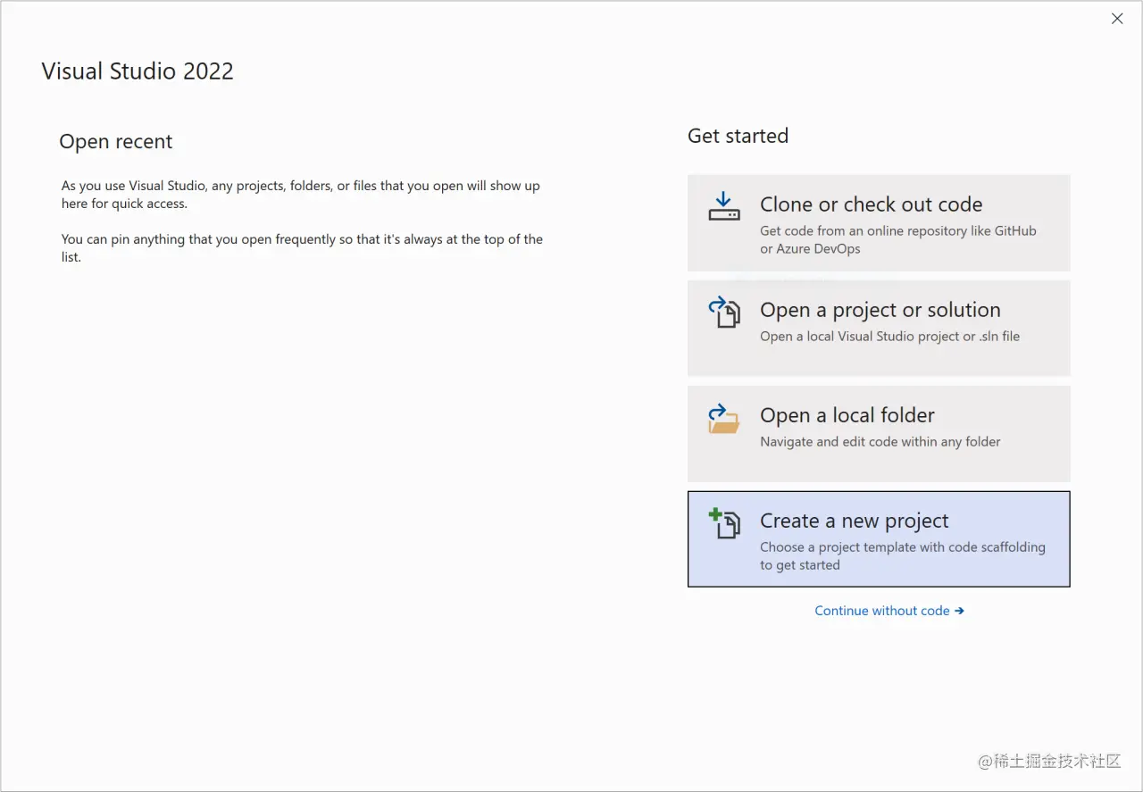 Create a new project button selected on the Visual Studio start page