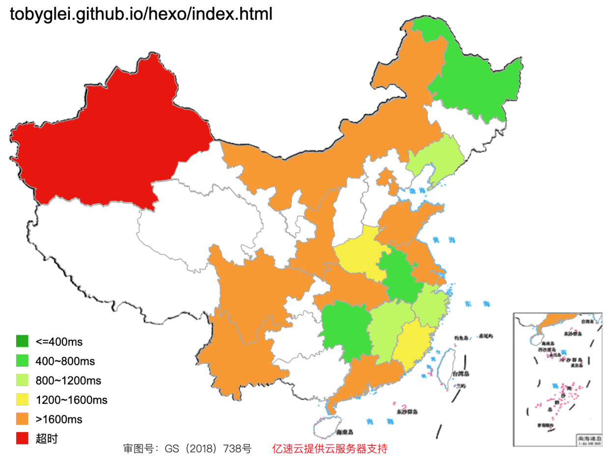 左图: 部署在 Github Pages 的网站测速结果； 右图是提速后的测速结果。颜色代表网站的反馈时间，绿色代表快，越接近红色代表极慢甚至没法访问。