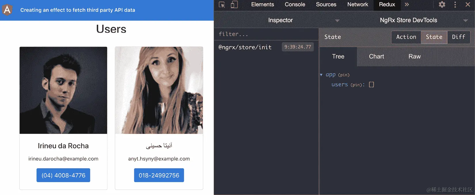 图 6.11 - 使用 ngrx-effects 应用程序在 http://localhost:4200 上运行