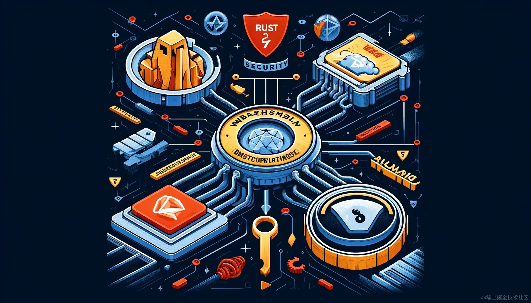 DALL·E 2024-05-09 17.12.05 - A detailed illustration showing the concept of Rust and Emscripten compiling to WebAssembly (.wasm) and bridging with JavaScript (.js). The image shou.webp