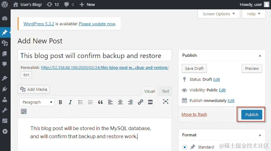 在博客上输入内容后，转到窗口右侧的发布选项卡。点击该选项卡下的发布按钮来保存并发布。