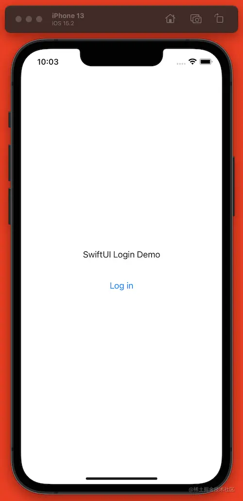 The app’s “Logged out” screen, featuring the app’s title, “SwiftUI Login Demo” and a “Log in” button.