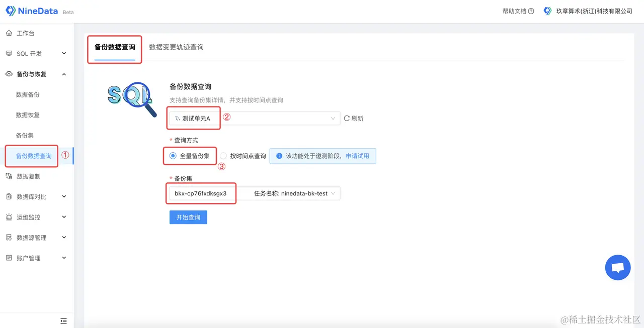 NineData 全量备份集查询