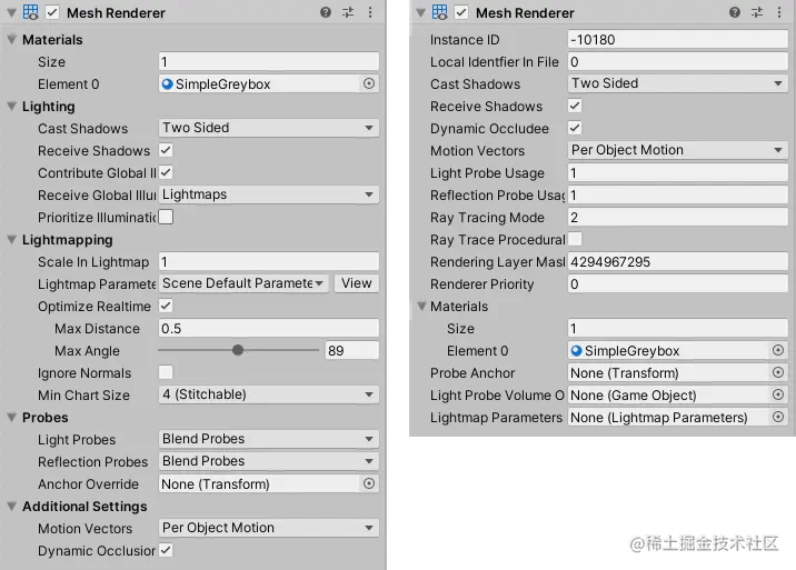 处于正常模式（左）和调试模式（右）的 Mesh Renderer 组件