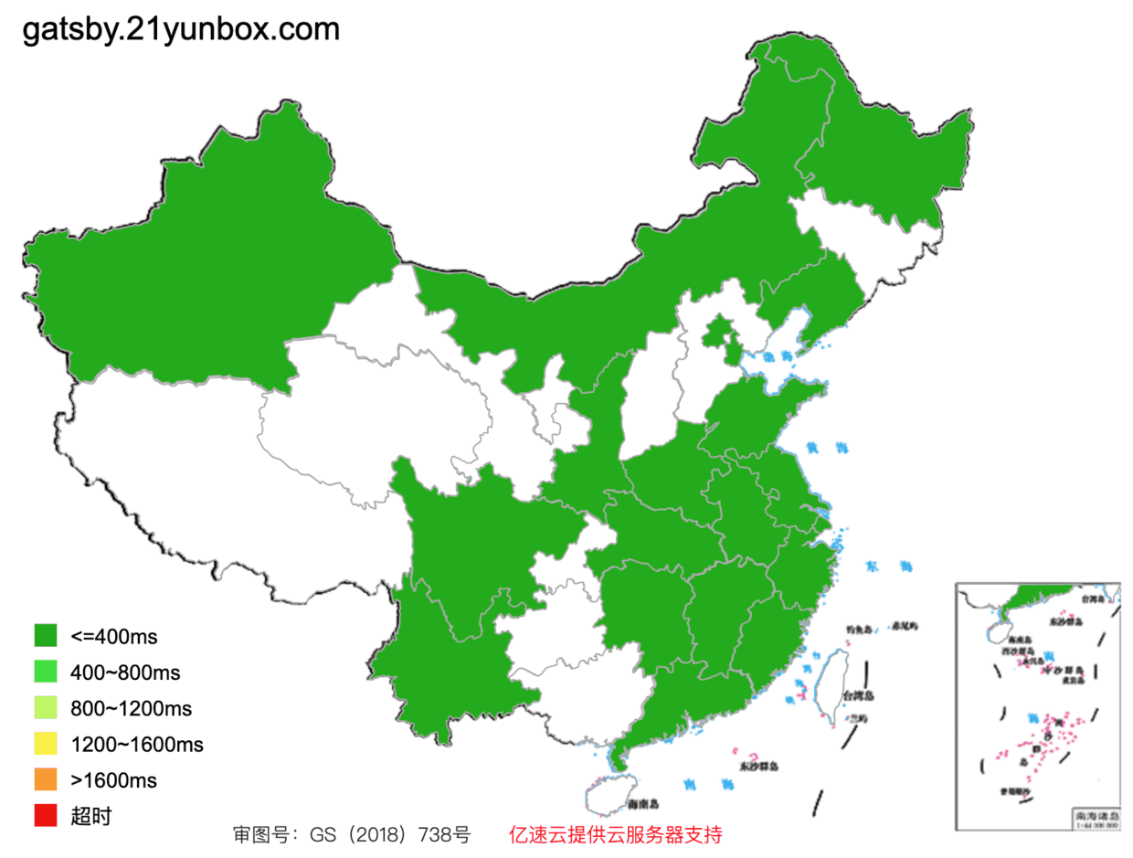 左图: 部署在 Gatsby Cloud 的网站测速结果； 右图是提速后的测速结果。颜色代表网站的反馈时间，绿色代表快，越接近红色代表极慢甚至没法访问。