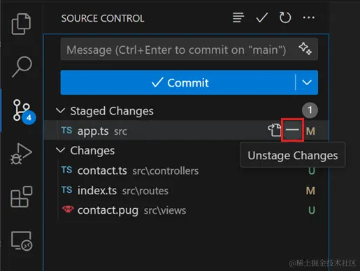 Source Control view with four changed files, highlighting the '-' button to unstage the changes of a file