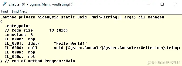 图 1.4 - ildasm 工具显示 Main 方法的 IL 代码的屏幕截图