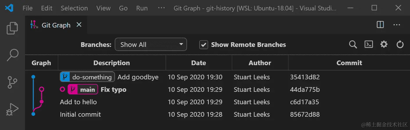 图 11.2 - 显示 Visual Studio Code 中 Git Graph 扩展程序的屏幕截图