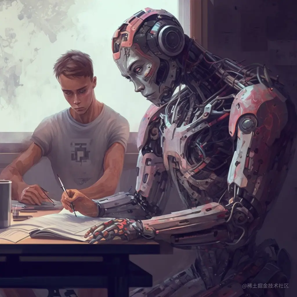 Prompt: AI who helps human, illustration, high detail,artificial intelligence. By midjourney