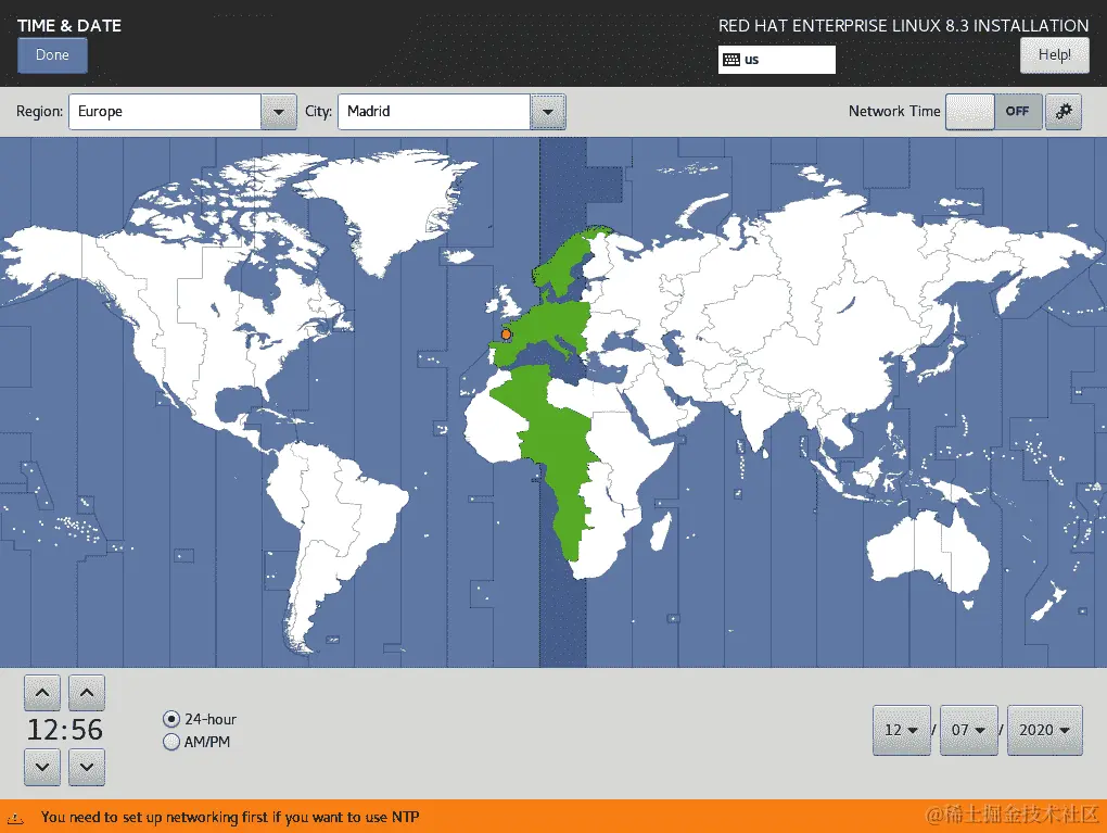图 1.27 – RHEL8 安装 – 时间和日期选择对话框 – 选择马德里