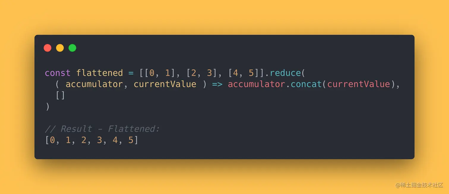 JS code block showing how to use the reduce method to flatten an array.