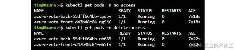 输出显示我们的用户可以查看两个命名空间中的 Pods。