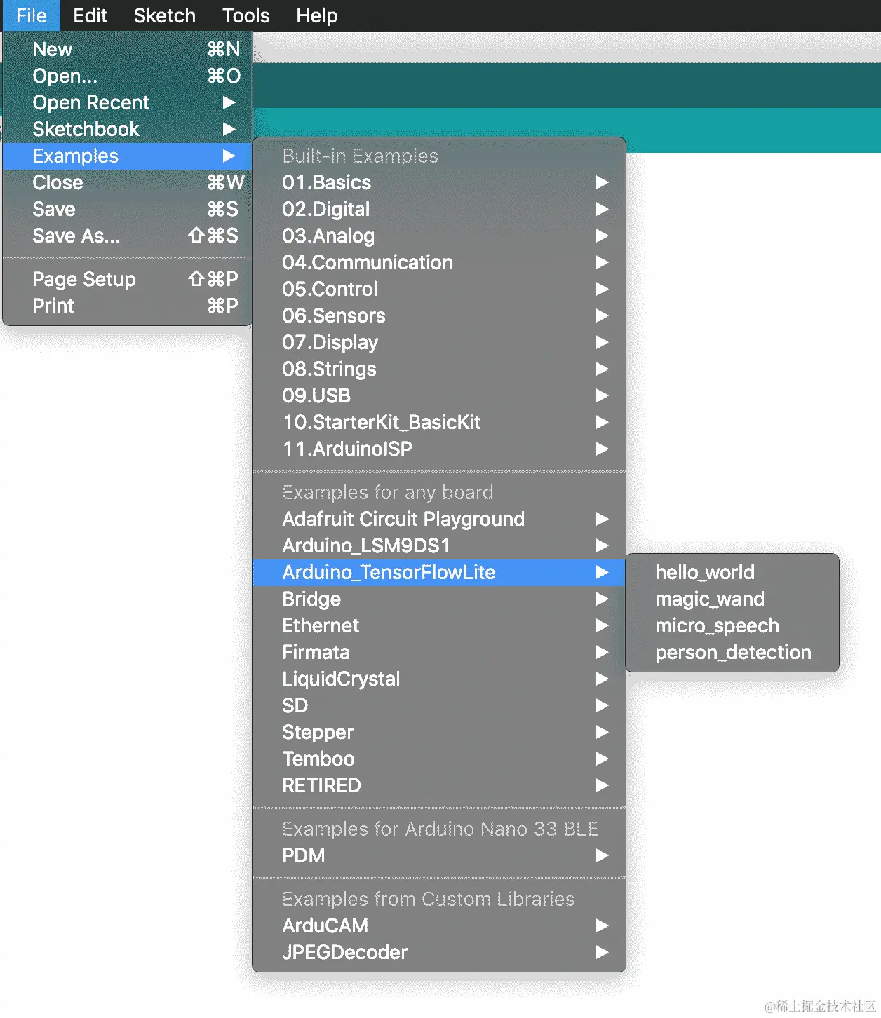 “示例”菜单的屏幕截图