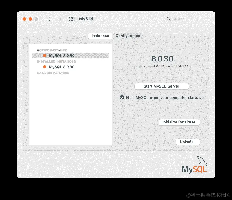 左侧显示了一个由“活动实例”、“已安装实例”和“数据目录”部分分隔的 MySQL 实例列表。右侧显示了一个“停止 MySQL 服务器”按钮，一个名为“启动时启动 MySQL”的复选框，以及“初始化数据库”和“卸载”按钮。几个字段引用 8.0.11 作为当前安装的 MySQL 版本。