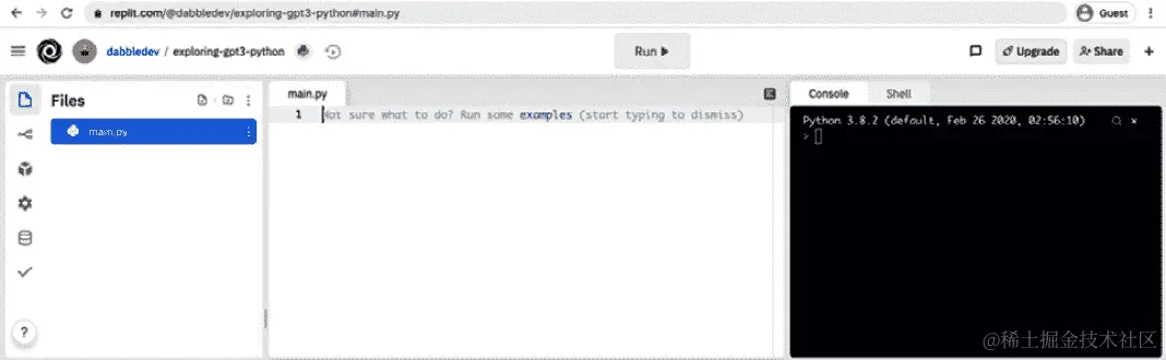 图 5.4 - 具有默认 Python repl 的 Replit 编辑器