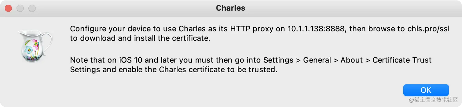 Confgure your Gevice 1o use Charles as ita MTTP prory on 10.11.1300000 then browse No chils.profasl.png