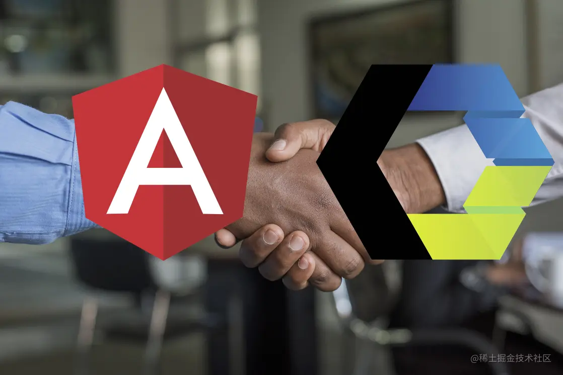 Two shaking hands with overlay showing Angular logo on the left and Web Components logo on the right.