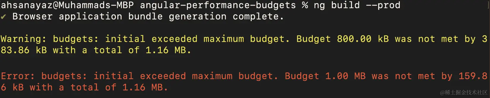 图 12.25 – Angular CLI 根据性能预算抛出错误和警告