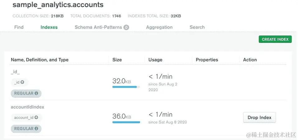 图 9.11：sample_analytics 数据库的 accounts 集合的索引选项卡