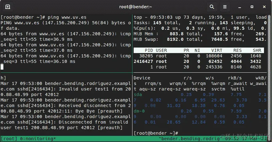 图 8.21 – tmux 中有四个窗格，在同一个窗口内运行不同的命令