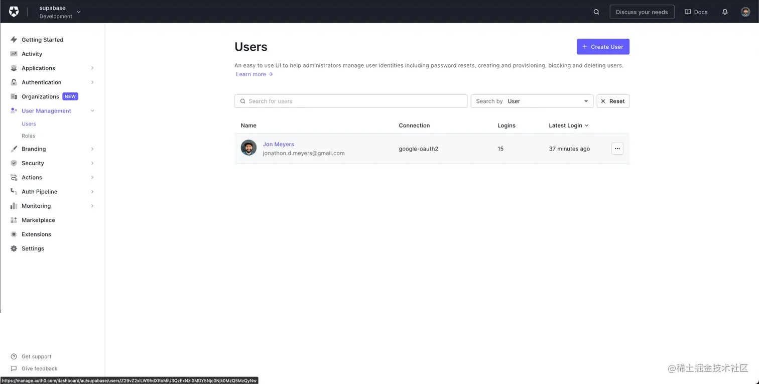 List of users in Auth0 dashboard