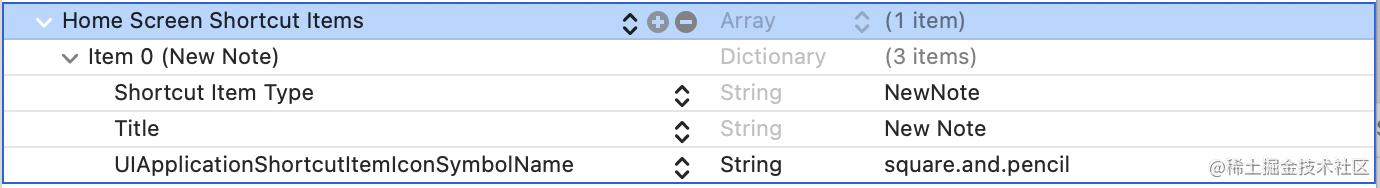 GUI do Info.plist do Xcode mostrando a propriedade "Home Screen Shortcut Item" e o valor do atalho "New Note"