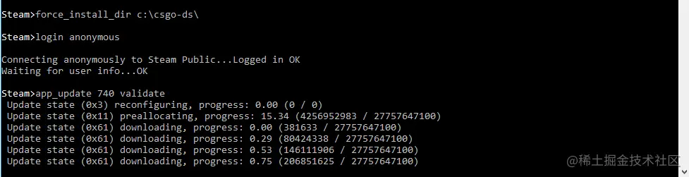 通过“Steam>”输入行安装 CS:GO 专用服务器