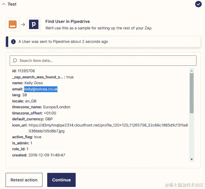图 21.7 – 使用 Pipedrive 搜索操作查找用户时找到的用户的详细信息