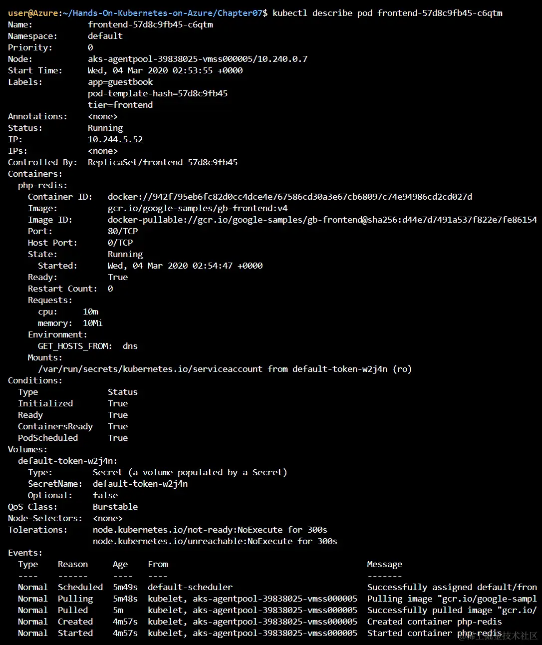 显示指定 pod 的所有细节的 kubectl describe pod/<pod-name>命令的输出。