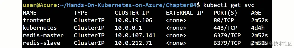 输出屏幕将显示 External-IP 列为<none>。这表示没有任何服务具有公共 IP。