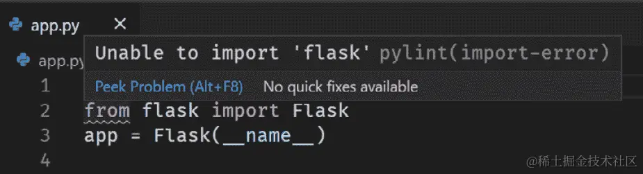 Figure 10.4 – A screenshot showing an import error in app.py