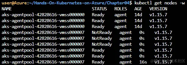 kubectl get nodes -w 命令显示新节点被添加到集群，并且状态从 NotReady 变为 Ready。
