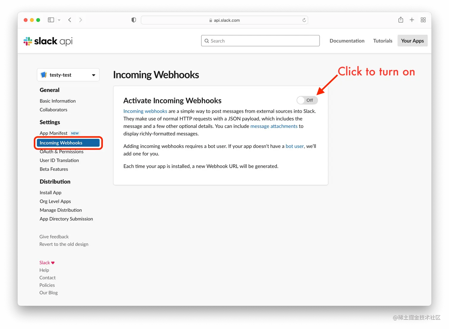 Slack Activate Incoming Webhooks page