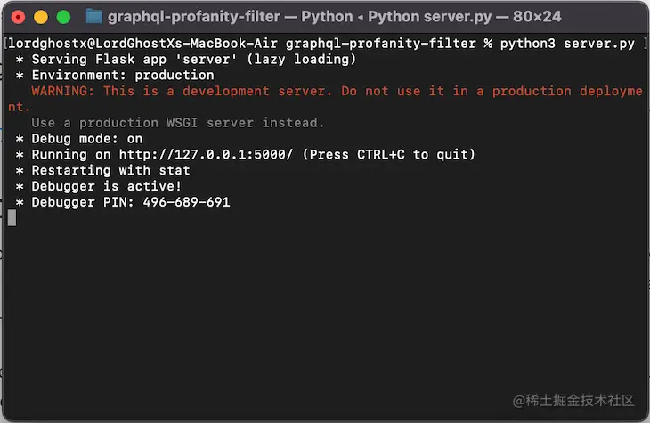 Screenshot of terminal after installation of profanity filter
