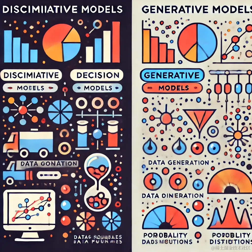 DALL·E 2024-07-04 21.05.06 - An illustration showing the differences between discriminative models and generative models in machine learning. On the left side, there is a visual r.webp