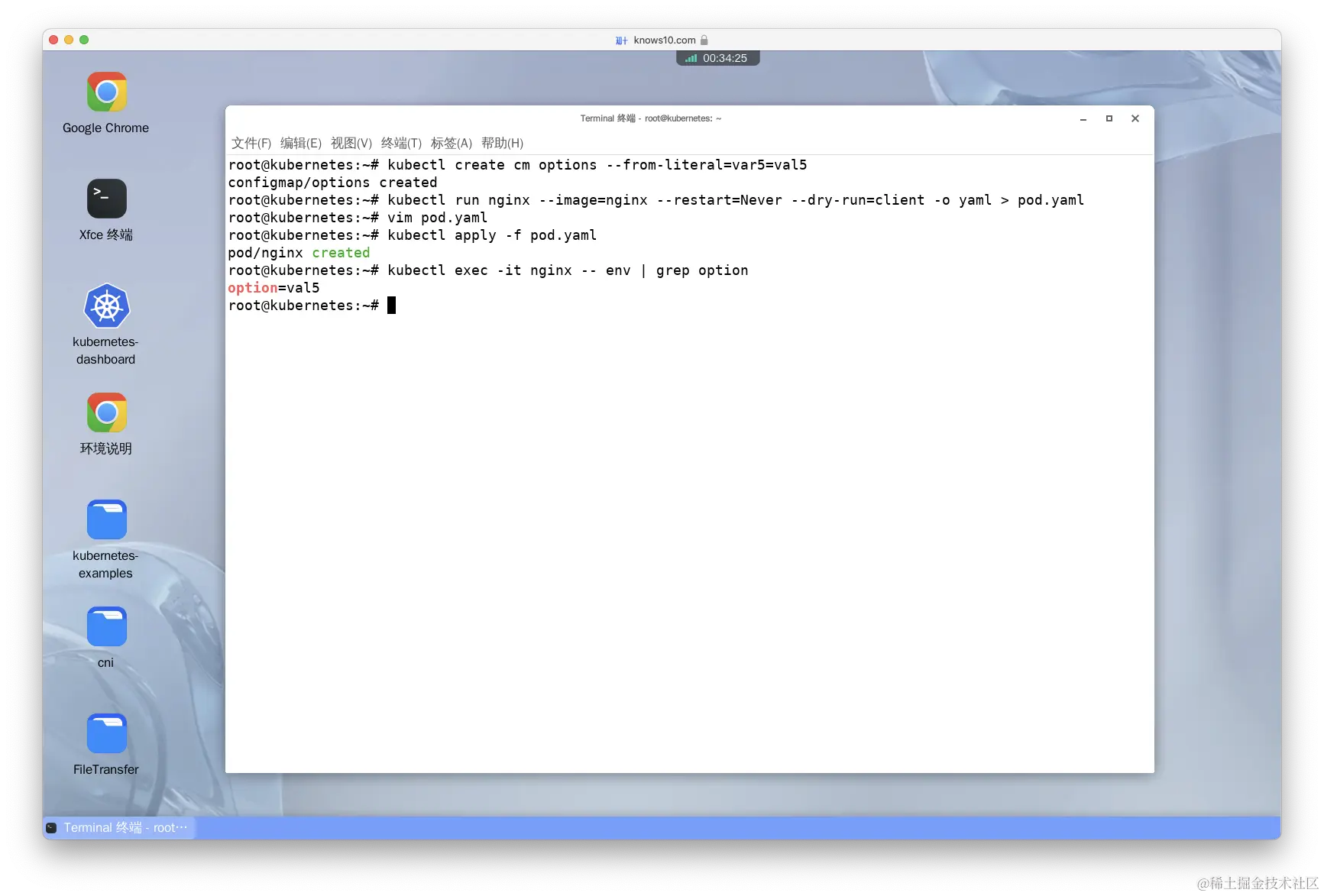 Create a configMap called 'options' with the value var5=val5. Create a new nginx pod that loads the value from variable 'var5' in an env variable called 'option'