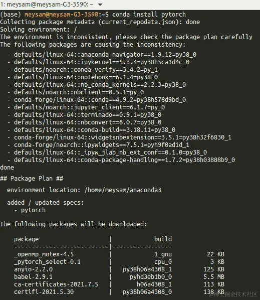 图 2.8 – 使用 Conda 安装 PyTorch 和相关 cuda 库