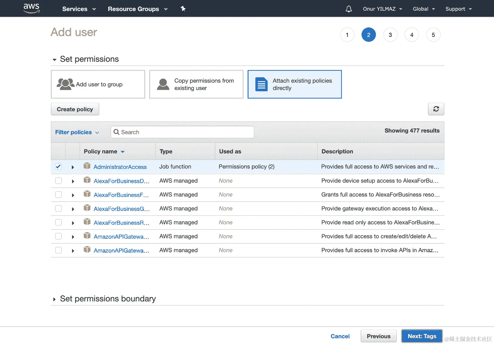 图 3.27：AWS 添加用户-权限