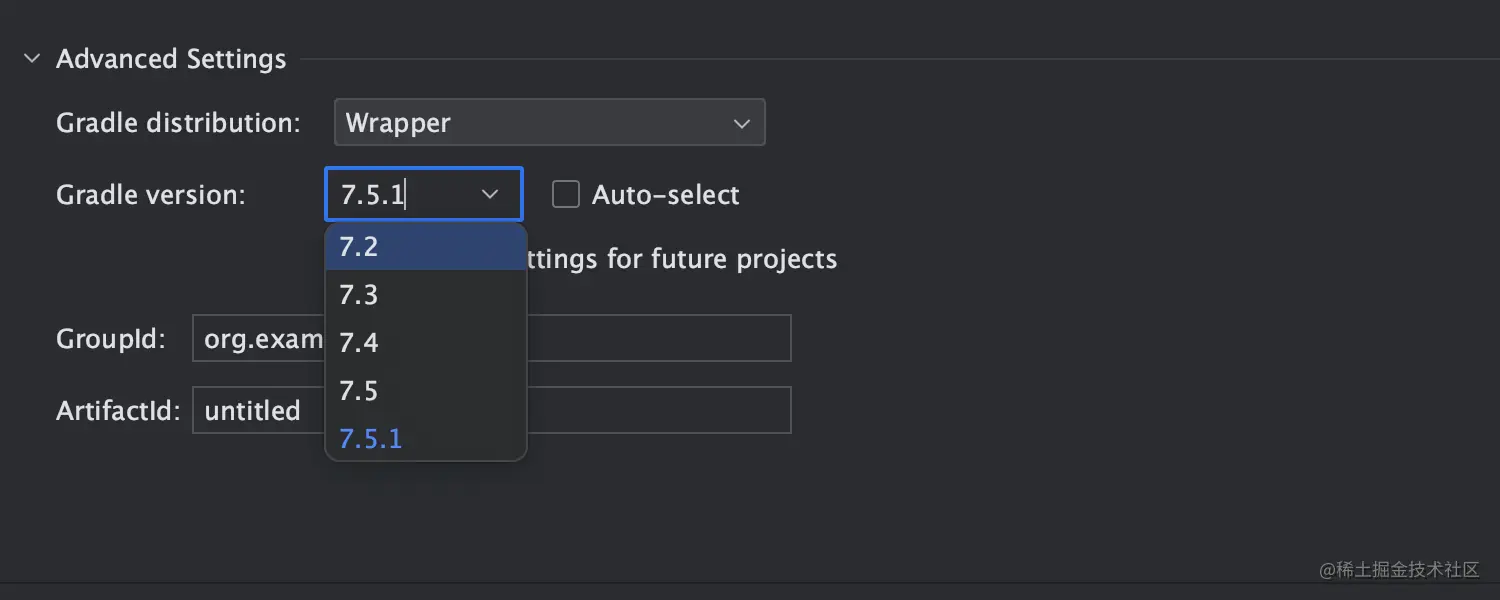 在项目创建时指定 Gradle 版本的选项