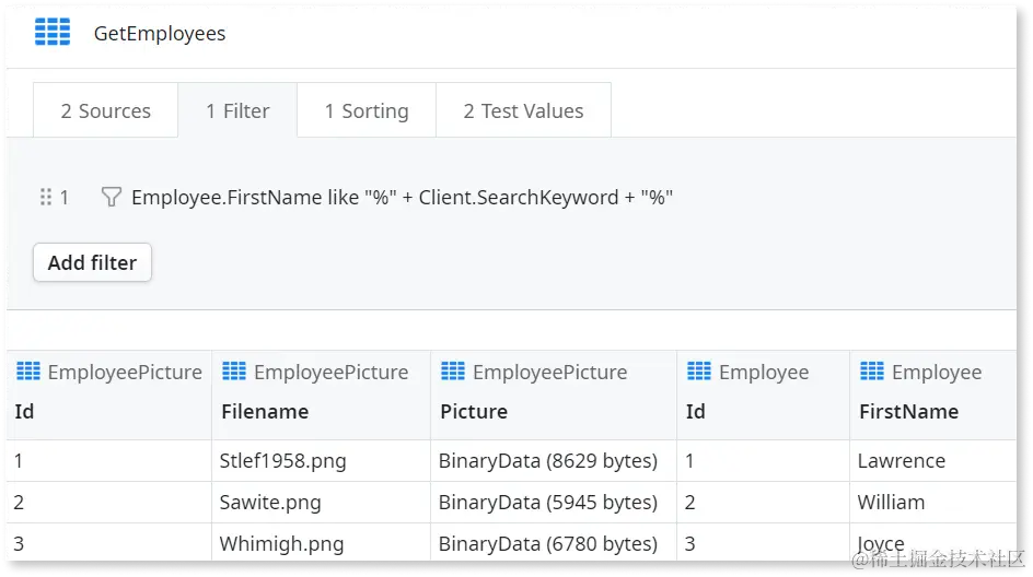 使用使用 SearchKeyword 变量过滤结果的过滤器进行聚合