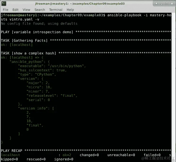 图 9.3 – 使用 ansible.builtin.debug 检查 ansible_python 事实子元素