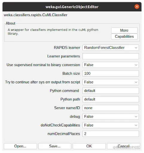 Screenshot of the classifier configuration window in WEKA showing the options for the CuMLClassifier integration with RandomForestClassifier selected.