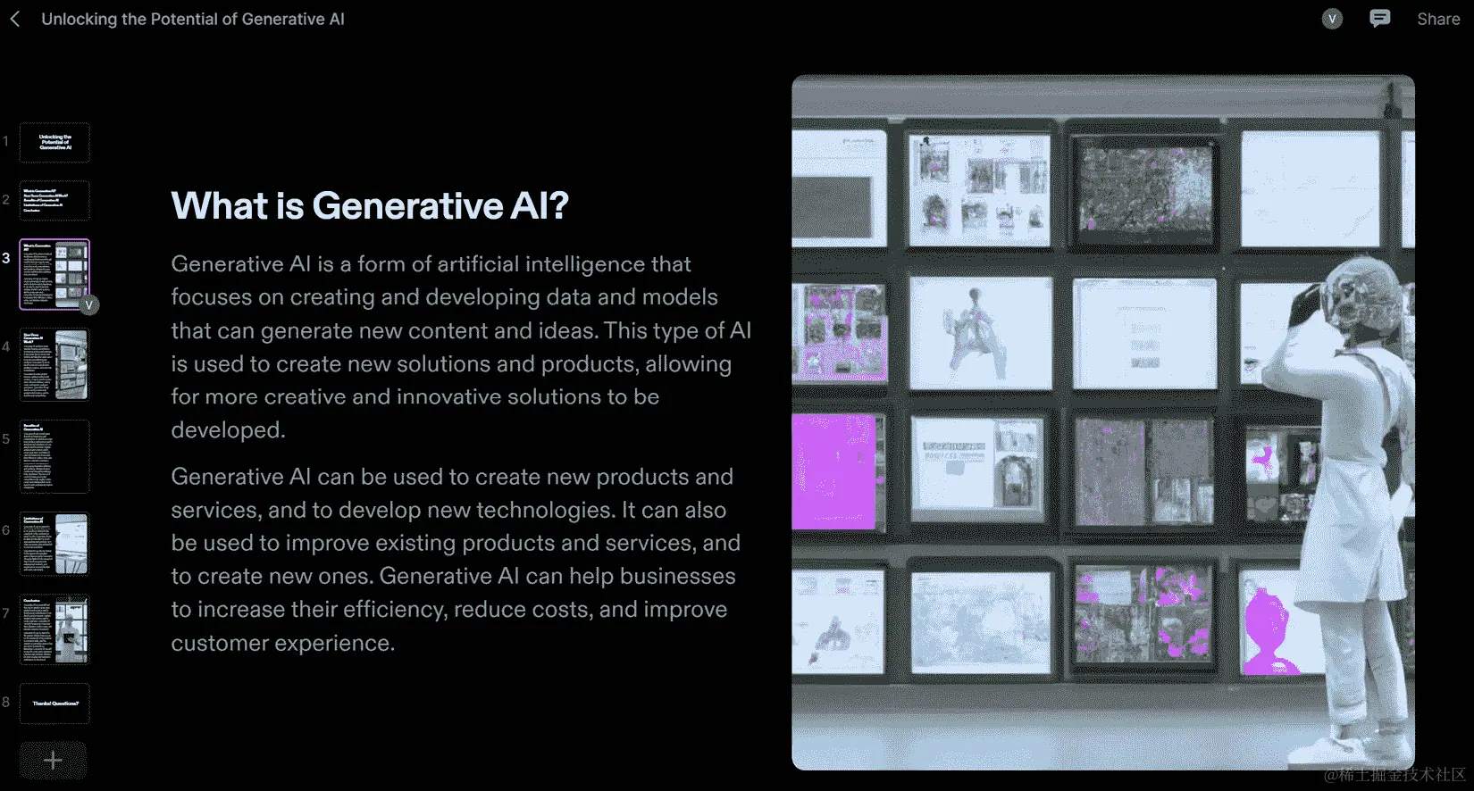 图 1.5 – 一份关于生成式 AI 的演示，完全由 Tome 生成，使用自然语言输入