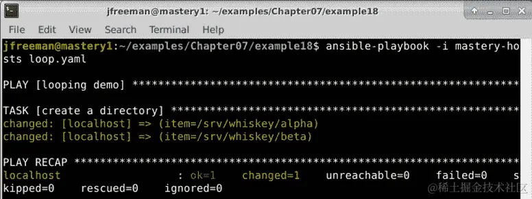 图 7.19 – 一个用循环创建相同两个目录的 playbook 一个用于更高效的代码的循环