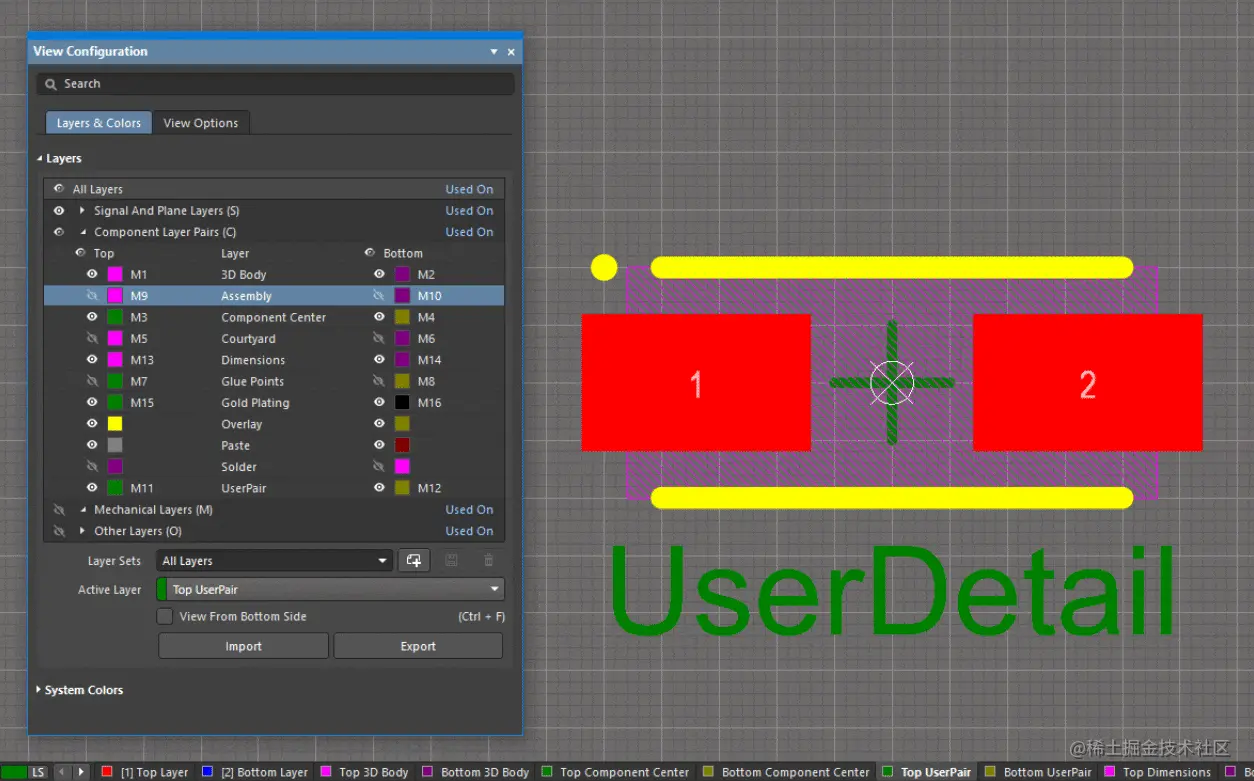 User layers with a Layer Type assigned are automatically created or mapped when the component is placed onto a board. Hover the cursor over to show the component on the board.